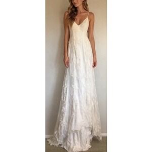Stacees Women's Ivory Mermaid Spaghetti Strap Court Train Lace Prom Dress CS NWT